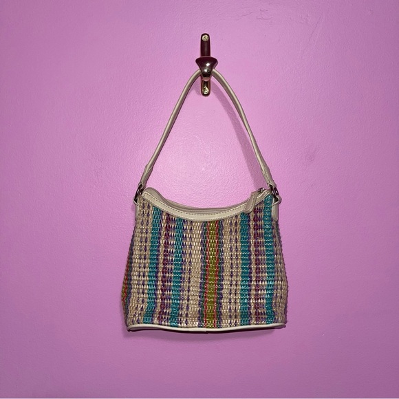 Etienne Aigner Bag Mini‎ Purse Multicolour Striped Woven Straw Off-White Vintage - Picture 4 of 8